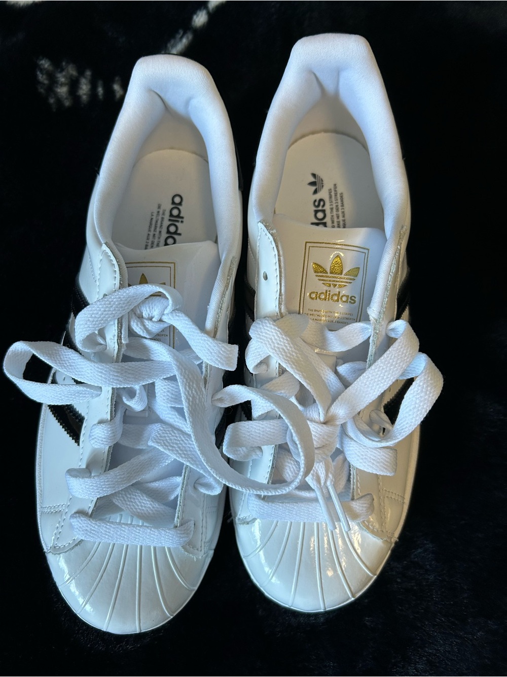 adidas White & Black Women's Superstar Sneakers with Gold Logo